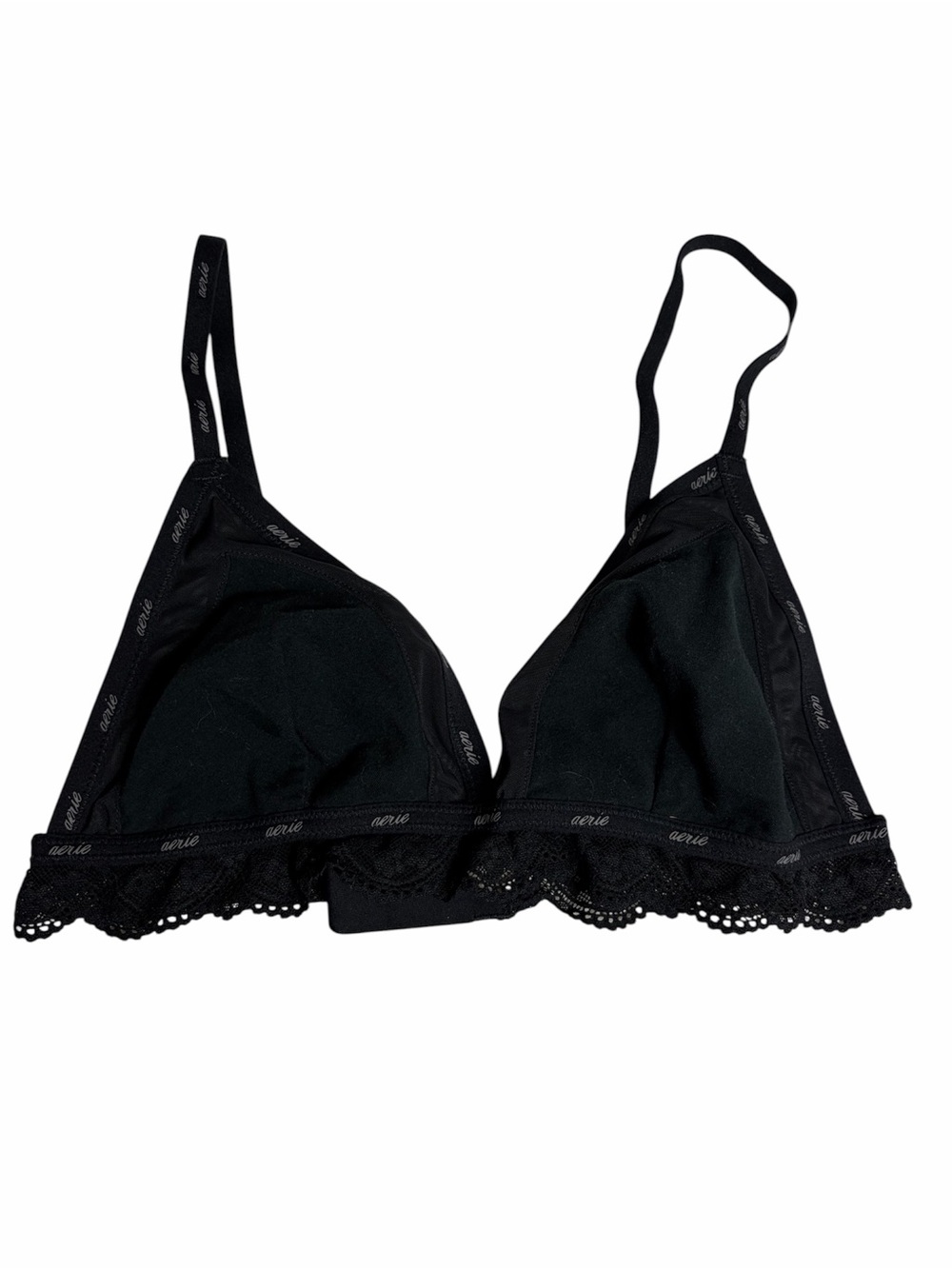 Aerie Real good super chill black spell out logo lace trim v neck bralette L